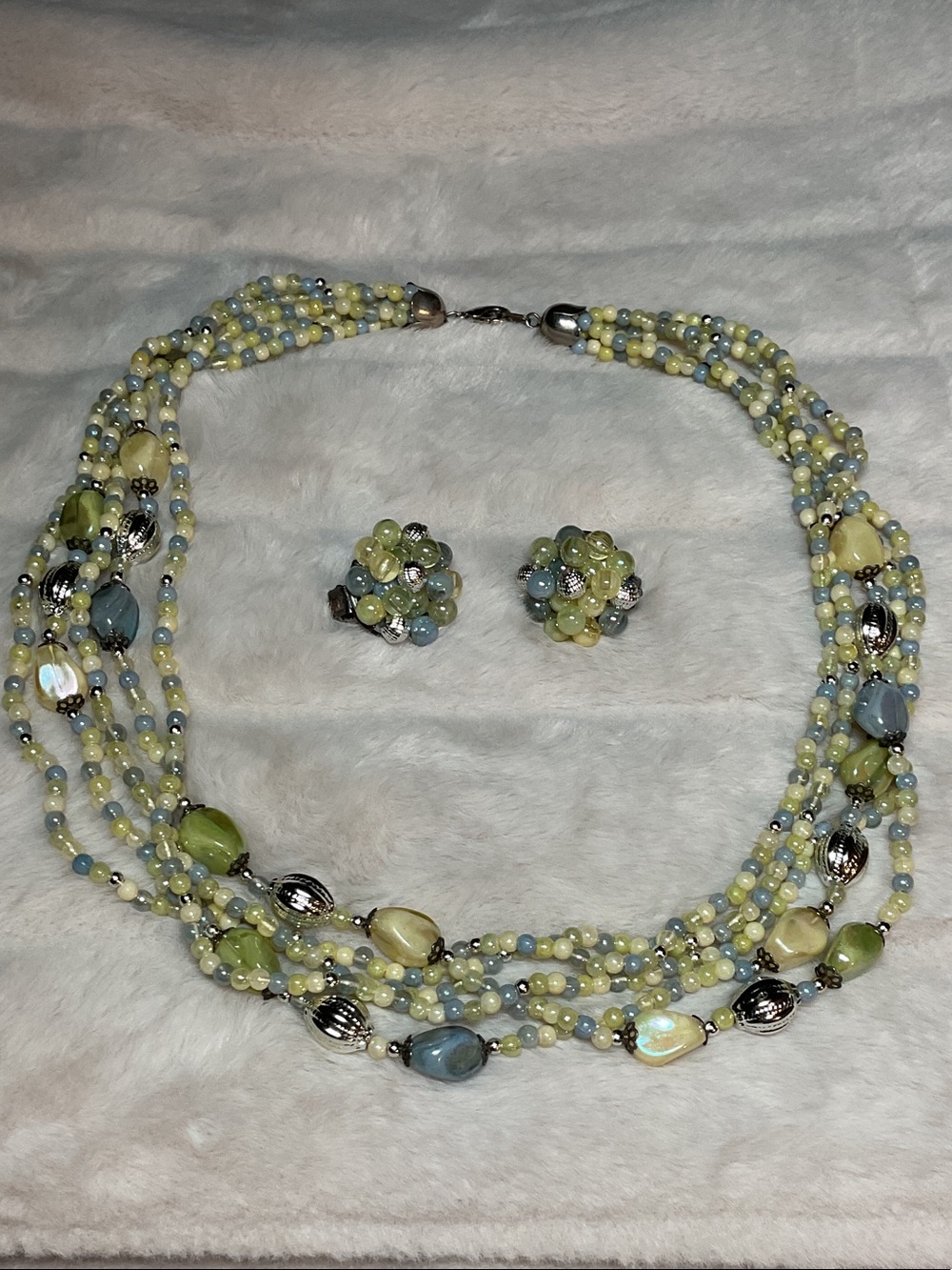 Multi-Strand Pastel Beaded Necklace with Matching Clip-On Earrings